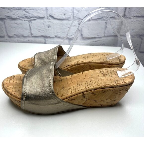 Stuart Weitzman Metallic Leather Wedge Sandals Slides Ladies Size 8.5M Cork - Picture 3 of 10